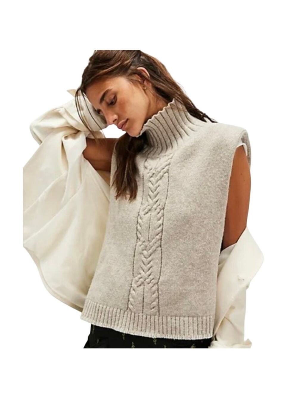 Free People Cable Knit Sweater Vest OS Oversized Turtleneck Poncho Beige